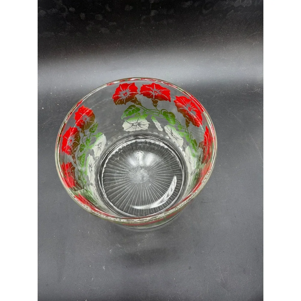 Vintage‎ Red Morning Glory Floral Glass Ice Bucket Sunburst Base Mid Century